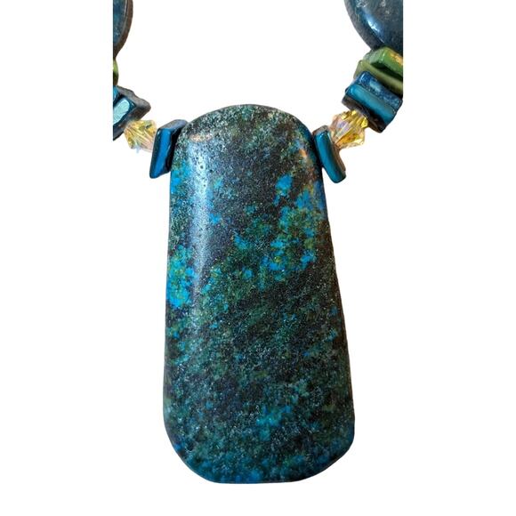 Chunky Heavy Blue Green Stone W/ Silver Toggle Clasp 20" Necklace - Picture 2 of 9